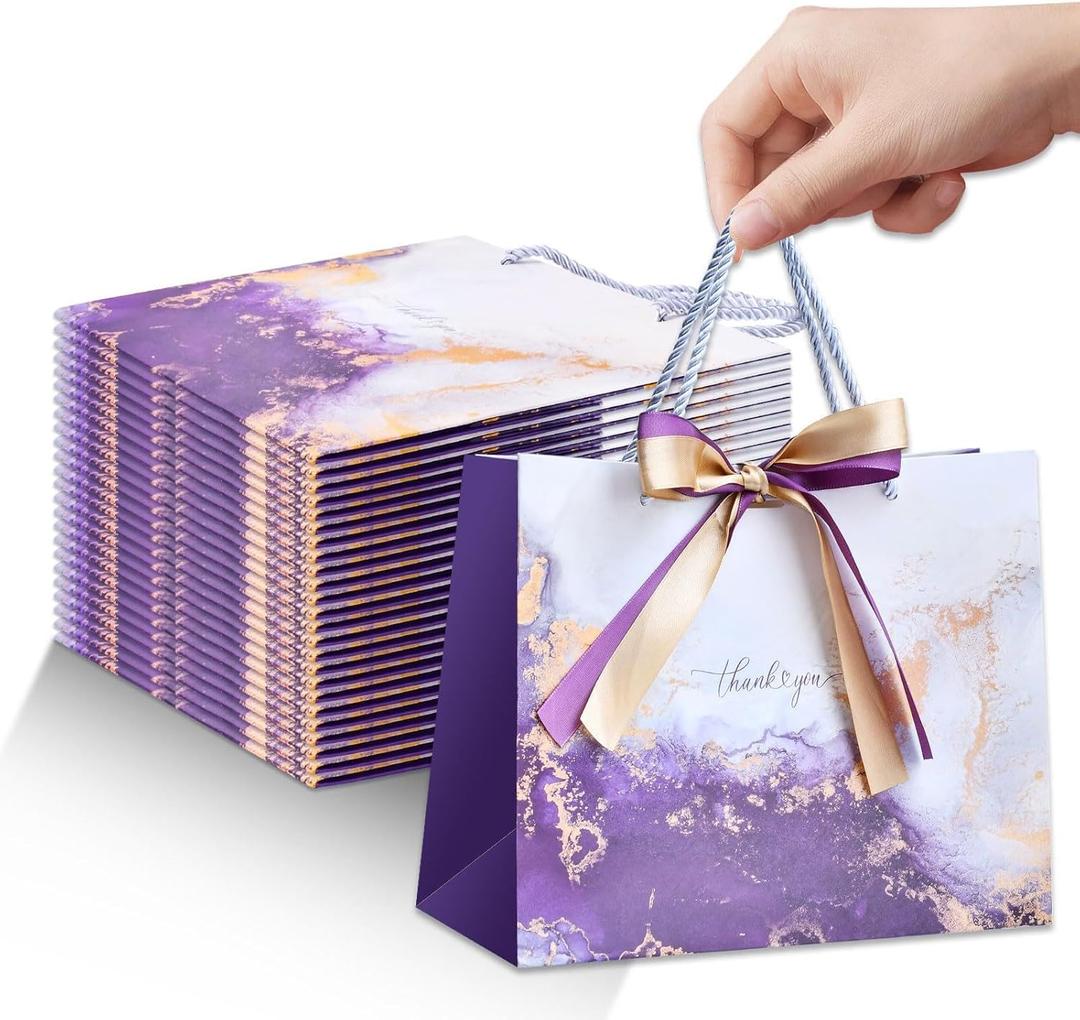 24Pack Medium Gift Bags with Handles,Purple Birthday Gift Bag 9.84'' x 7.87'' x 4.72'',Welcome Bags Return Gifts with Bow Ribbon Wedding Bridesmaid Thank you Gifts Bag Reusable for Christmas Vacation