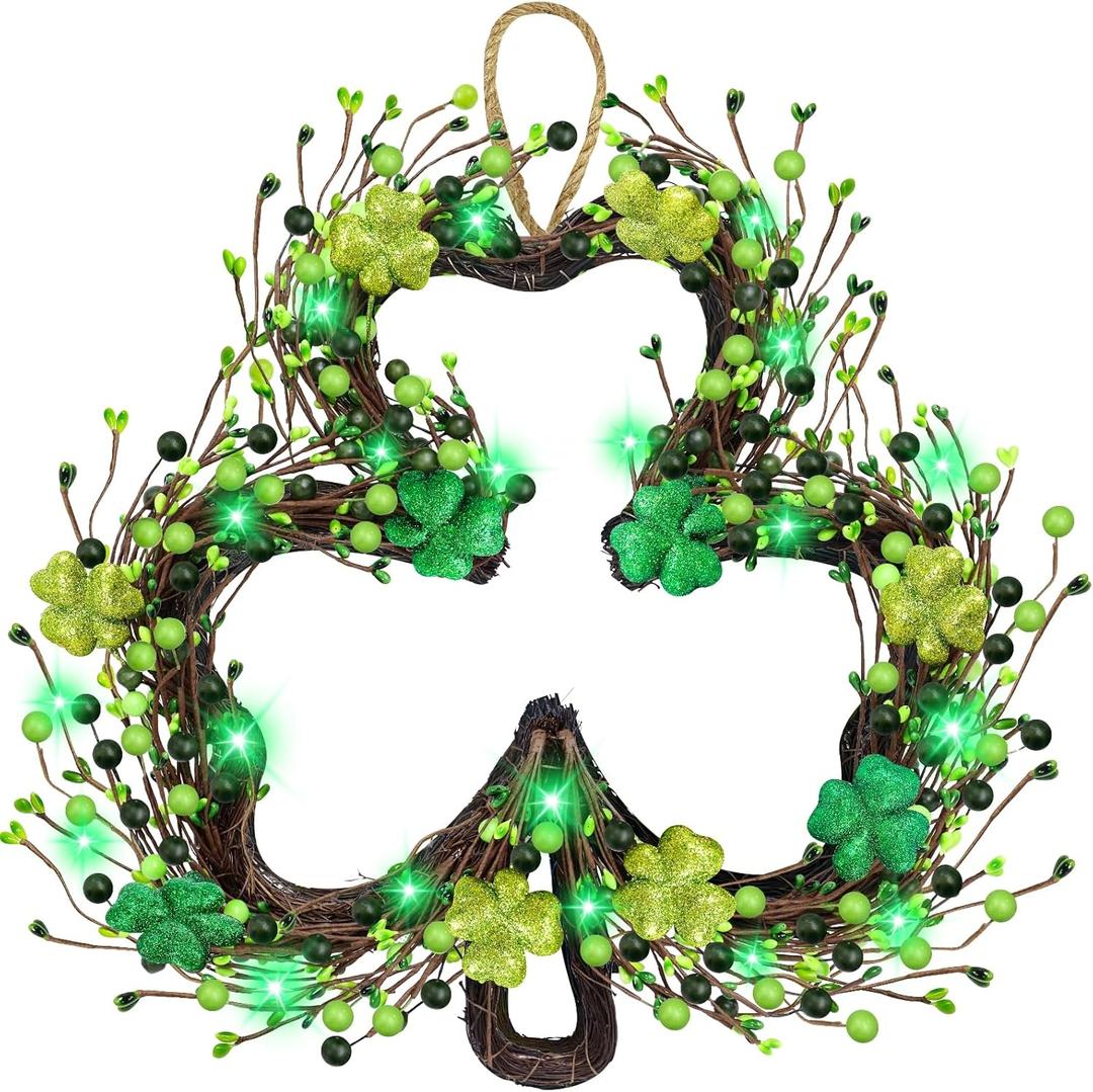 St Patricks Day Decorations, Shamrocks Wreath for Front Door, 20 Green Lights Timer Battery Operated 18 Inch 10 Shamrocks 162 Berries Battery Operated Spring Artificial Wreath St. Patrick's Day Decor