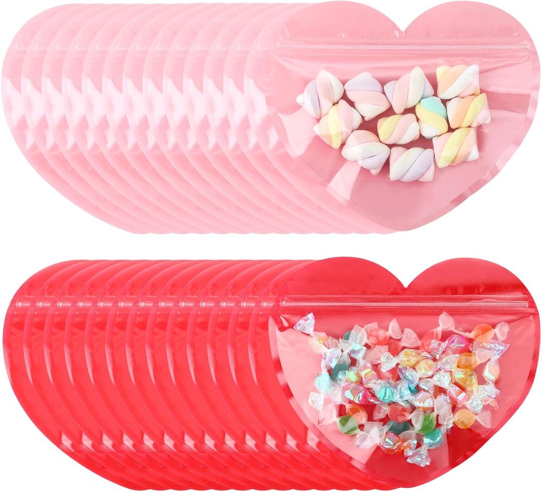 Yexiya 50 Pcs Large Mother Day Gift Bags 5 x 6 Inch Heart Shaped Bags Mother Day Clear Cellophane Bag Plastic Heart Goodie Treat Reusable Sealed Bag for Party Favors(Red, Pink)