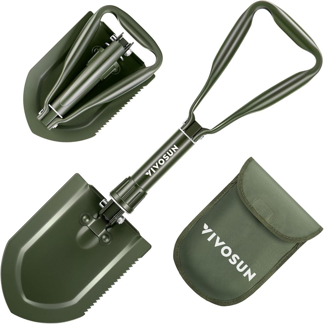 VIVOSUN Folding Survival Shovel, 22'' Camping Shovel, Military Portable Small Shovel with High Carbon Steel, Tactical Entrenching Tool for Hiking, Digging, Backpacking, Gardening, Off Road, Beach (Green)