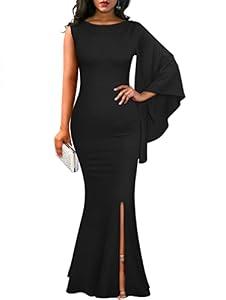YMDUCH Women's Elegant One Bell Sleeve Side Split Long Paty Mermaid Formal Dress Black, S