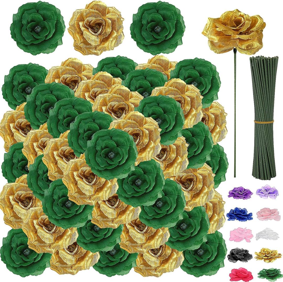 108pcs Roses Head Flowers with Stem - Emerald Green Gold Artificial Flowers Rose Bulk - Silk Rose Fake Flower for Wedding Bouquet Decor DIY Baby Shower Centerpieces St Patrick's Day Decoration