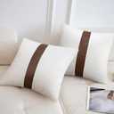 cygnus Farmhouse Decorative Throw Pillow Covers 22x22 inch Set of 2 White and Brown Faux Leather Pillow Covers Accent for Couch Sofa Bedroom Livingroom,Modern Boho Decor