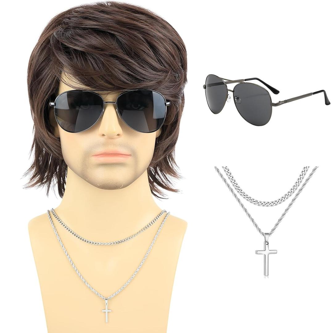 PUREHAIR Short Brown Wigs for Men - 70s 80s Natural Fluffy Heat Resistant Synthetic Hair Wig for Cosplay, Daily Use, Themed Party and Halloween (Brown)