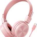 USB Type C Kids Headphones for School, 94dB Volume Limited, Kids Headphones with USB C Cord, HD Stereo Sound, Foldable Lightweight On-Ear USB-C Wired Headphones for Boys/Girls, Light Pink