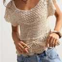 MakeMeChic Women's Summer Boho Crochet Tops Hollow Out Sweater Short Sleeve Backless Top Beach Coverup (Beige, L)