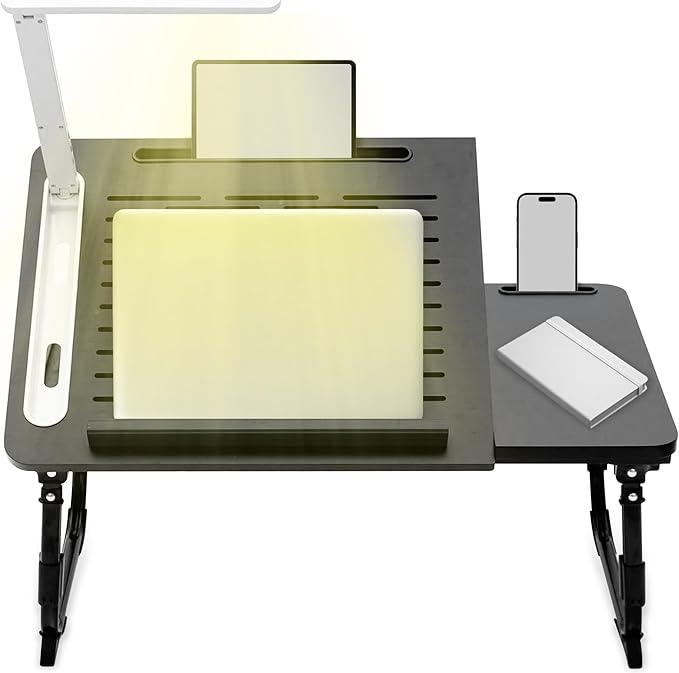 Extra Large Adjustable Foldable Laptop Desk for Bed with Ergonomic Multi-Purpose Portable Desk for Bed, Sofa, or Floor - Ventilated Surface, Sturdy Legs, Book Stand, Tablet Groove, (with Light)