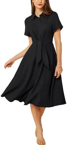 GRACE KARIN Womens Linen Dresses Summer Casual Flowy Collar Button Down Dress Front Tie Short Sleeve Pockets Midi Work Dress 2XL