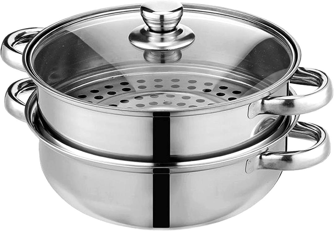 Steamer Pot for Cooking 11 inch Stainless Steel, 2-tier Multipurpose 18/8 Stainless Steel Steam Pot Cookware with Lid for Vegetable, Dumpling, Stock, Sauce, Food