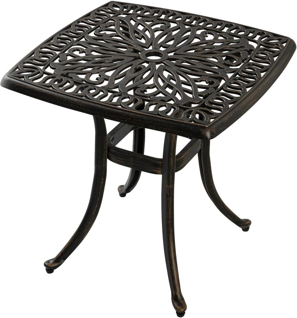 Outdoor Cast Aluminum Side Table End Table for Patio, Backyard, Pool, Indoor Companion, Easy Maintenance and Weather Resistant, Bronze (Bronze)