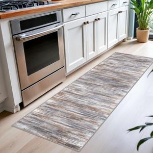 KOZYFLY Modern Abstract Washable Rug Runner 2.6x12 Hallway Rug Runner Non-Slip Soft Kitchen Runner Rugs, Black Navy Blue Grey Striped Carpet for Entryway Bathroom Laundry Room Foyer