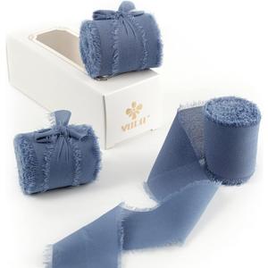 MEEDEE Dusty Blue Chiffon Ribbon - 2 Inch Frayed Ribbon Fringe for Crafts, Gift Wrapping, Wedding Invitation, Bridal Bouquet (3 Rolls 21 Yards)