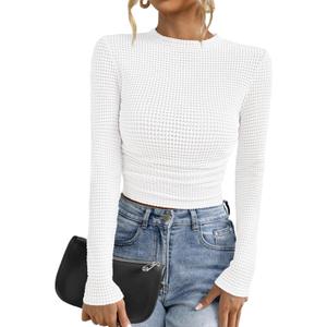 PRETTYGARDEN Womens Tops 2026 Spring Long Sleeve Fitted T Shirts Waffle Ruched Crop Shirt Basic Knit Workout Y2k Clothes, Small 