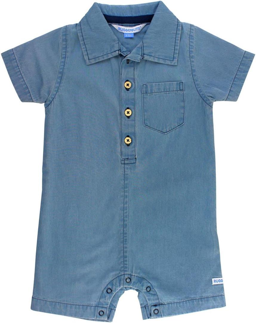 RUGGEDBUTTS Baby Boys Woven Short Sleeve Button-Up Romper (Blue, XS)