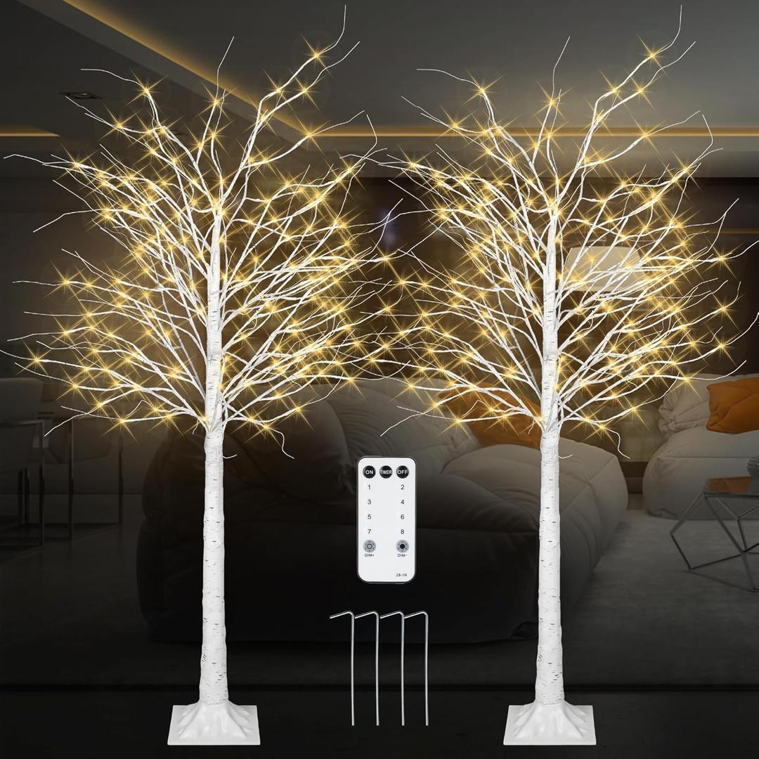 KOL 6FT 2-Pack Artificial Lighted Birch Tree, 200 Warm White Fairy LED Lights, Indoor Outdoor Home Garden Party Wedding Thanksgiving Christmas Decor, Realistic Dense Faux Plant with Remote Control