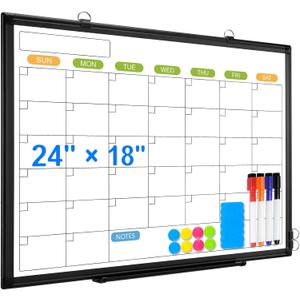Dry Erase Calendar Whiteboard for Wall, 24" x 18" Magnetic Monthly White Board Calendar with Black Aluminum Frame, Double-Sided Hanging Dry Erase Board for Office, Home, School