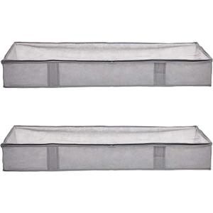 Amazon Basics Under Bed Storage Bags for Clothes and Blankets, Foldable Fabric Zipper Container with Clear Window and Reinforced Handles, Space Saving, 18 x 42 x 6 inches, Gray, 2-Pack
