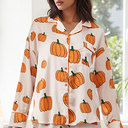 MBZJSDKHLK Women's Halloween Pajamas Set Silk Satin Ghost Pumpkin Print Long Sleeve Button Down Shirt 2 Piece Pjs Shorts Sets, Large