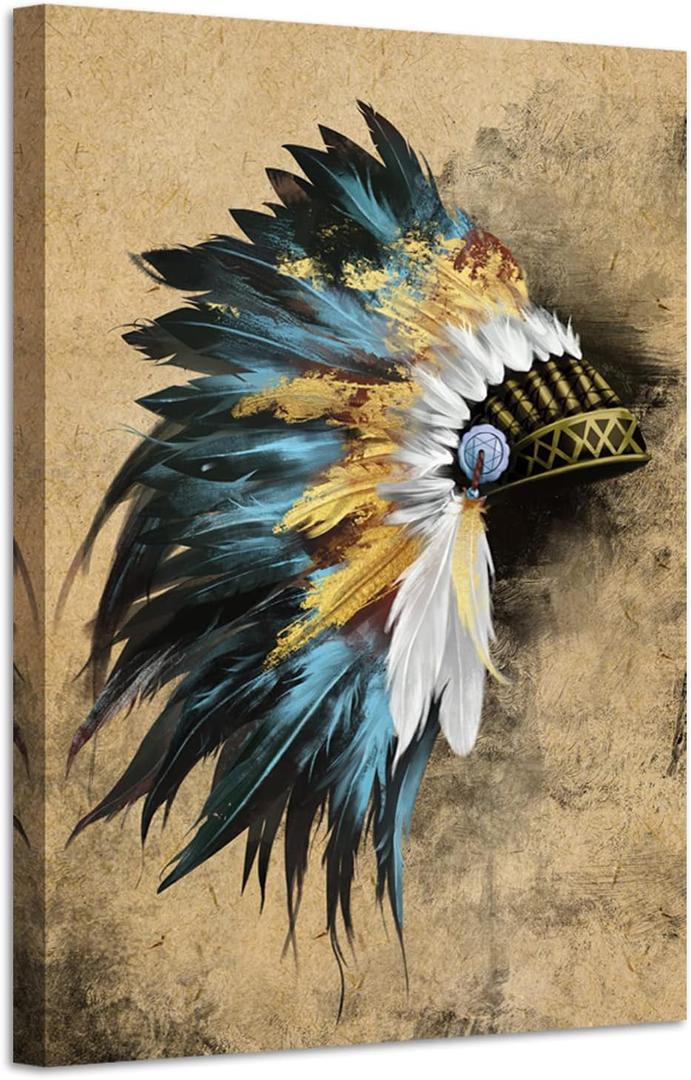 LevvArts Indian Canvas Wall Art Native American Chiefs Headdress Feathered Painting Canvas Print Vintage Home Living Room Gold and Blue Wall Decor Gallery Wrap Ready to Hang 24x36inches