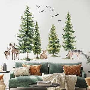 Green Pine Tree Wall Sticker Woodland Animals Wall Decal Peel and Stick Forest Wall Art Mural Deer Wolf Bird Wall Stickers for Bedroom Decor