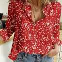 Dokotoo Women's Casual V Neck Alicia Floral Print Roll Up Long Sleeve Chiffon Button Down Blouses Bohemian Top Shirts (Red, M)