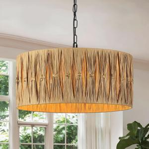 5-Light Boho Chandelier Light Fixture, 19" Large Raffia Drum Chandelier Hand Woven Coastal Pendant Light for Dining Room Kitchen Entryway Foyer Bedroom