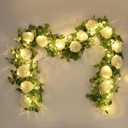 Dolicer 2Pcs 13Ft Artificial Eucalyptus Garlands with Flowers - 8 Roses, Faux Floral Greenery Garlands with 13Ft String Lights Fake Flower Vines for Wedding Table Centerpieces Arch Party Decor (White) (2 Pcs, White Rose With Lights)