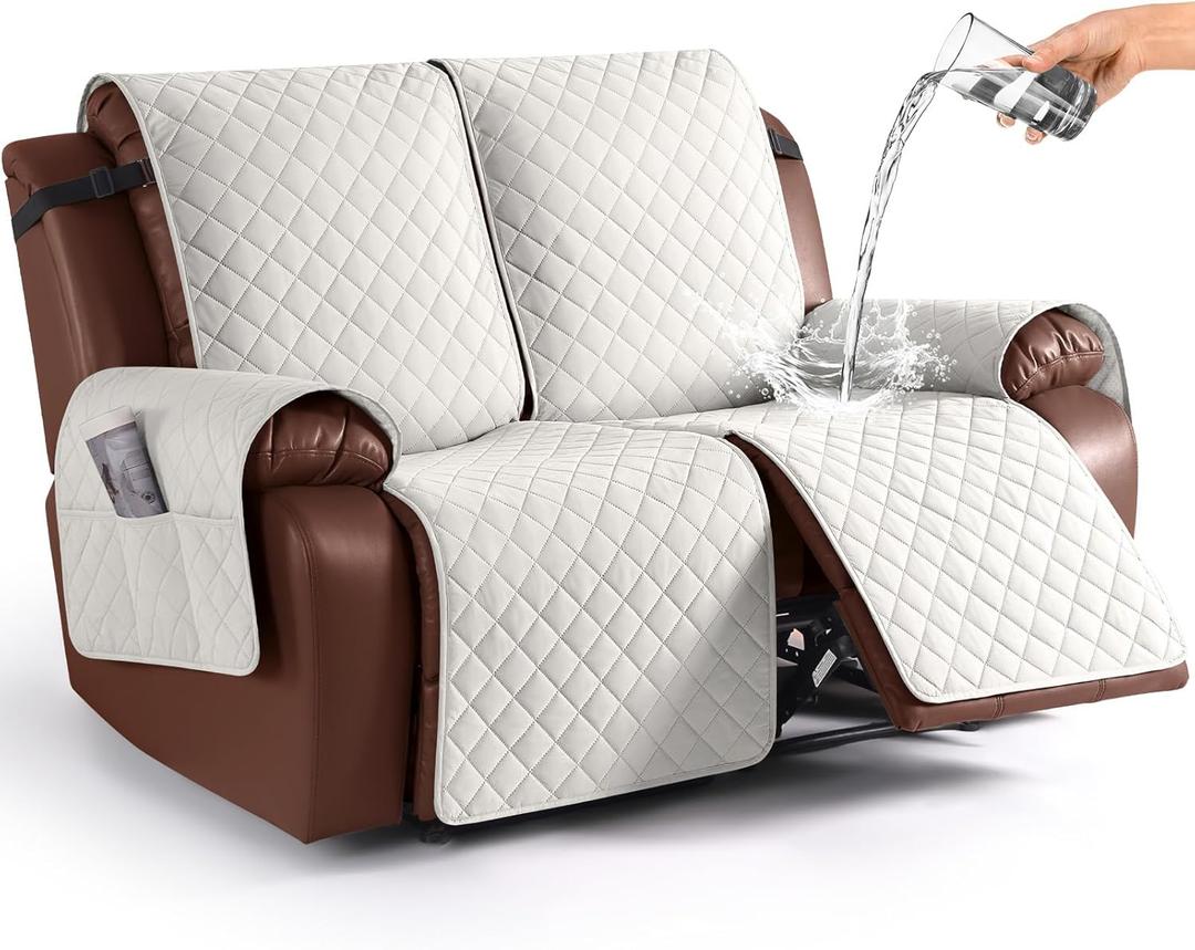 KinCam Waterproof Oversized Loveseat Recliner Cover, Non-Slip Reclining Couch Covers for 2 Seat, Recliner Sofa Cover Furniture Protector with Elastic Straps for Kids, Pets, Beige