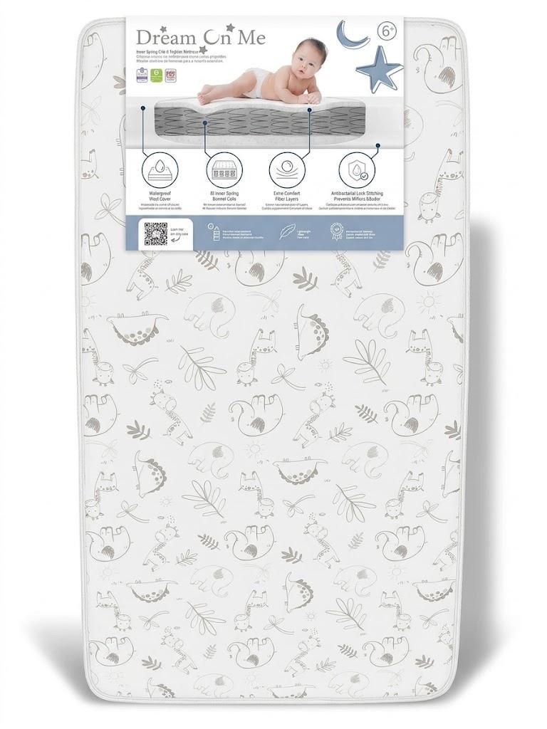 Dream On Me Sweet Dreams 88 Coil Spring Crib and Toddler Bed 6" Mattress in Blue, Green Guard Gold Certified, Animal Pattern Vinyl Cover with Baby, 17 lb