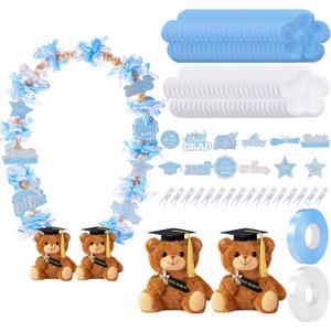 82 Pcs 2025 Graduation Candy Leis Making Kit DIY Netting Tubing Stuffed Plush Bear Ribbon Grad Glitter Card Candy Lei for Graduation Congrats Party Supplies(Light Blue, White)