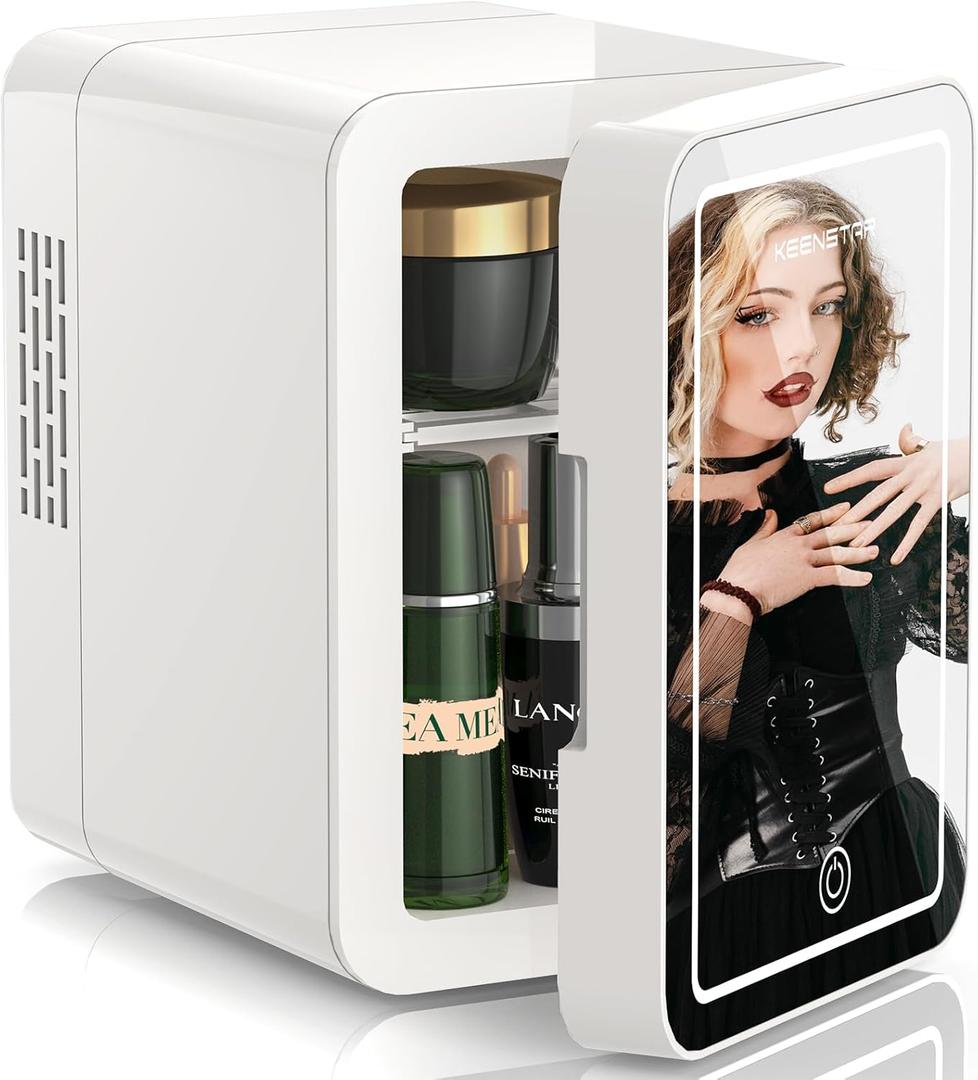 KEENSTAR Mini Skincare Fridge (4L/6 Can) with Dimmable LED Mirror, Cooler & Warmer for Bedroom, Cosmetics, Office, Dorm and Car, Portable Personal Refrigerator for Cosmetics, Skincare and Food, White