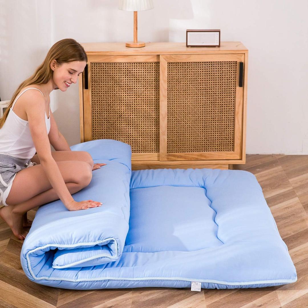 MAXYOYO Japanese Floor Mattress Futon Mattress, Thicken Sleeping Pad Foldable Roll Up Floor Futon for Adults Tatami Mat Dormitory Lounger, Dusty Blue, Full Size