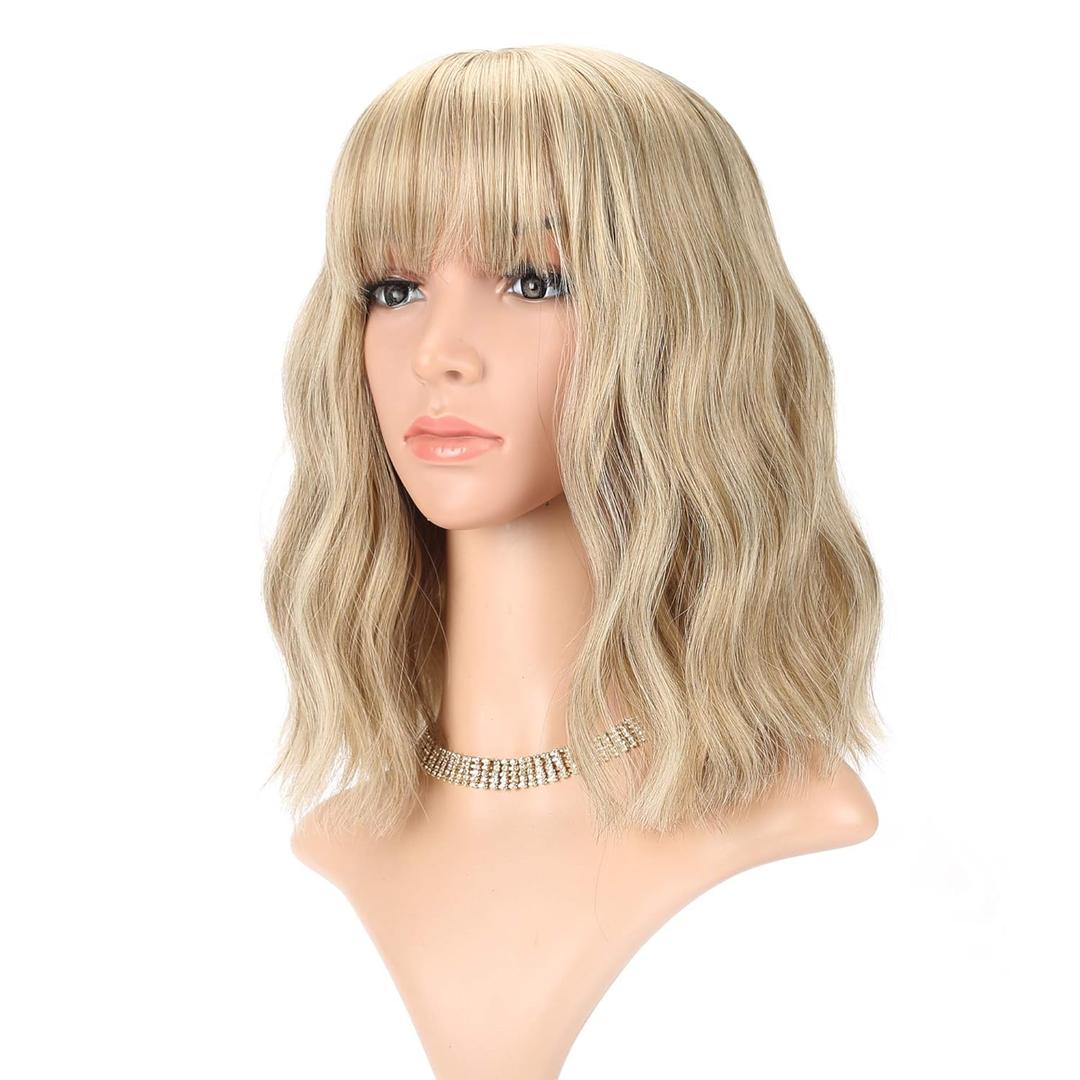 FAELBATY Blonde Wave Short Bob Wigs With Air Bangs Shoulder Length Wig For Women and Girls Curly Wavy Synthetic Cosplay Costume Wig (12" Mix Blonde and Gold)