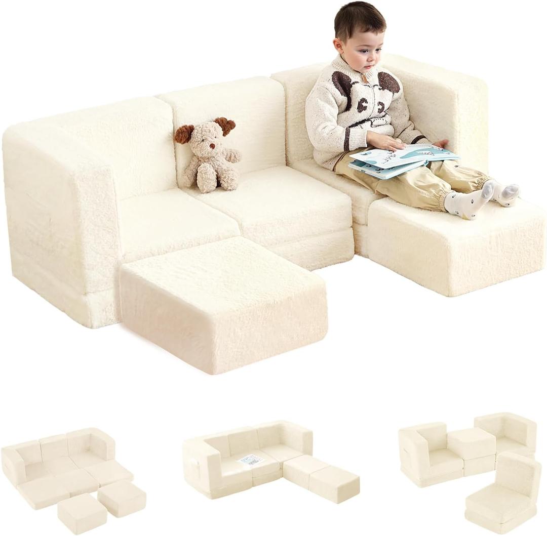 Tiita Modular Kids Play Couch, 5PS Plush Foam Couch for Toddler and Children, Convertible Sectional Sofa for Bedroom, Living Room, Playroom, Beige