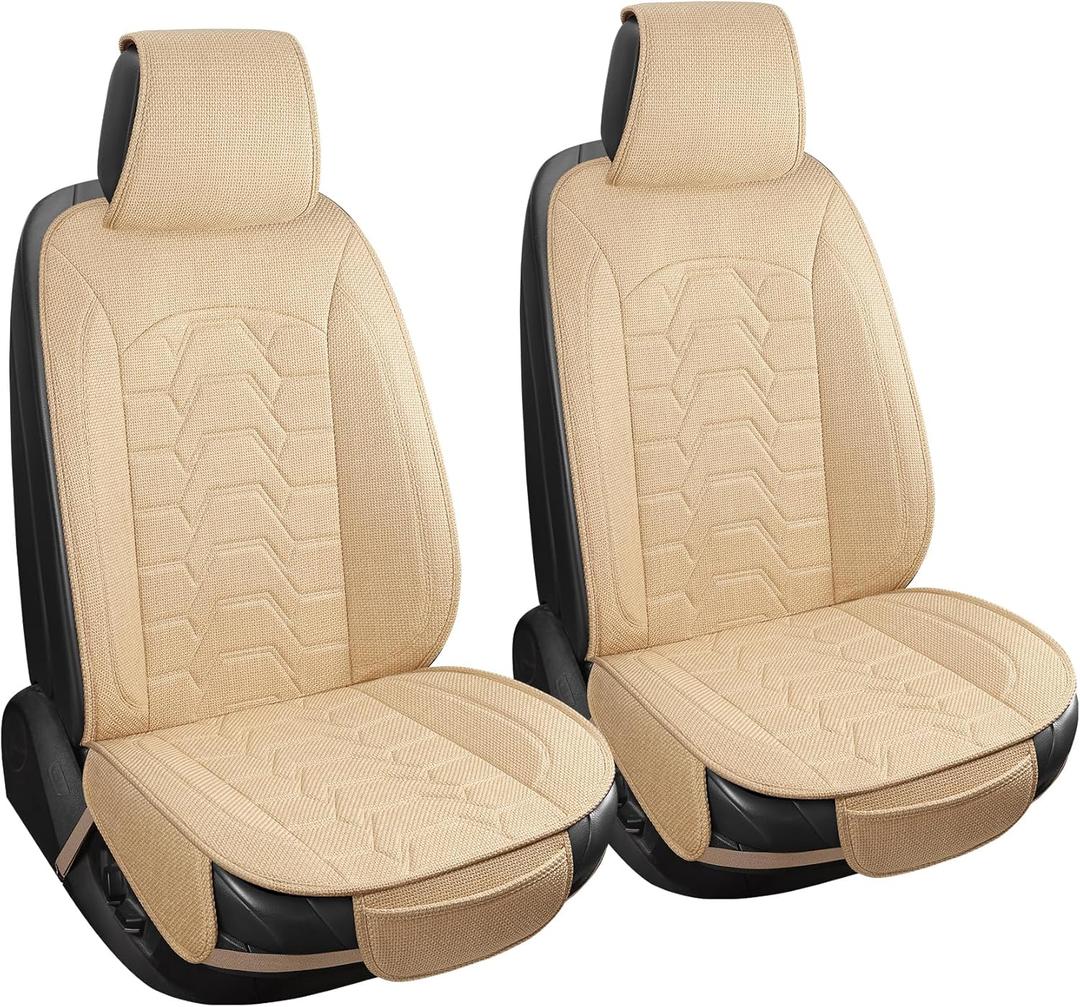 Linen car Seat Covers Breathable Cloth Fabric Seat Protector Front seat Covers Universal Fit for 95% Automotive, Car, Van, SUV, TrucksBeige2PCS