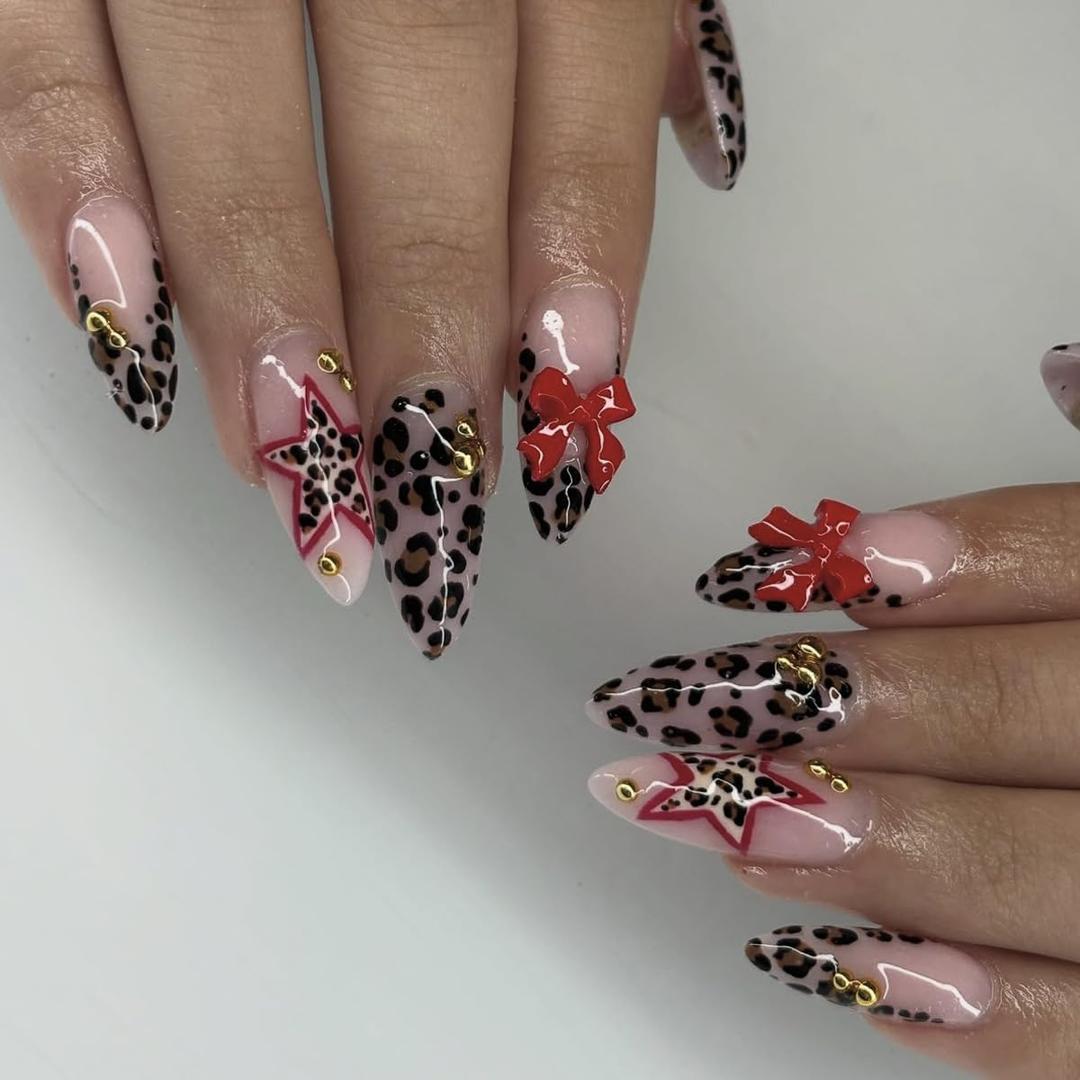 Stiletto Press on Nails Medium Leopard Fake Nail Leopard Acrylic Nail Press ons Bow Stick on Nail for Women 24pcs