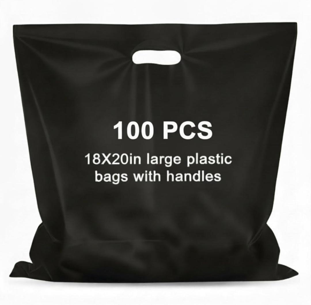 Maitys 100 Pcs 18"x20" Black Plastic Bags with Handles Large Merchandise Shopping Bags for Small Business, Retail, Boutique Stores, Gifts