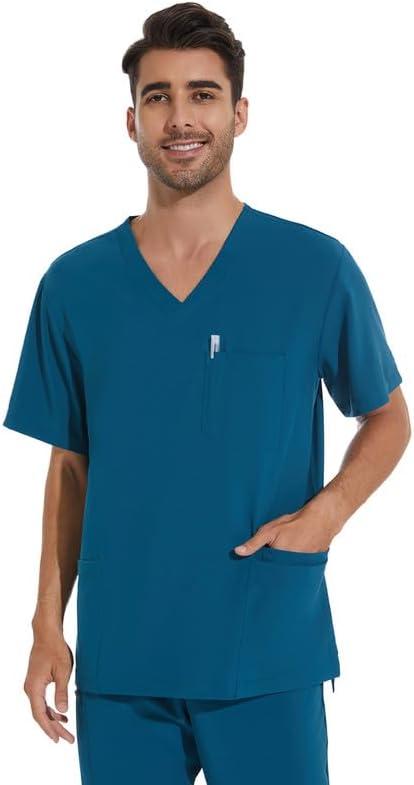 Scrub Top for Men - Stretch V-Neck Scrubs with 3 Pockets, Anti-Wrinkle (Teal, XL)