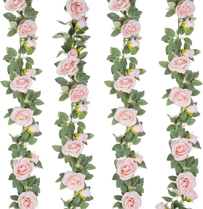 TELDRASSIL 4Pcs(26 FT) Artificial Rose Vine Fake Flower Garland Fake Silk Rose Hanging Vine for Wedding Party Background Arch Garden Background Decoration (Pink)