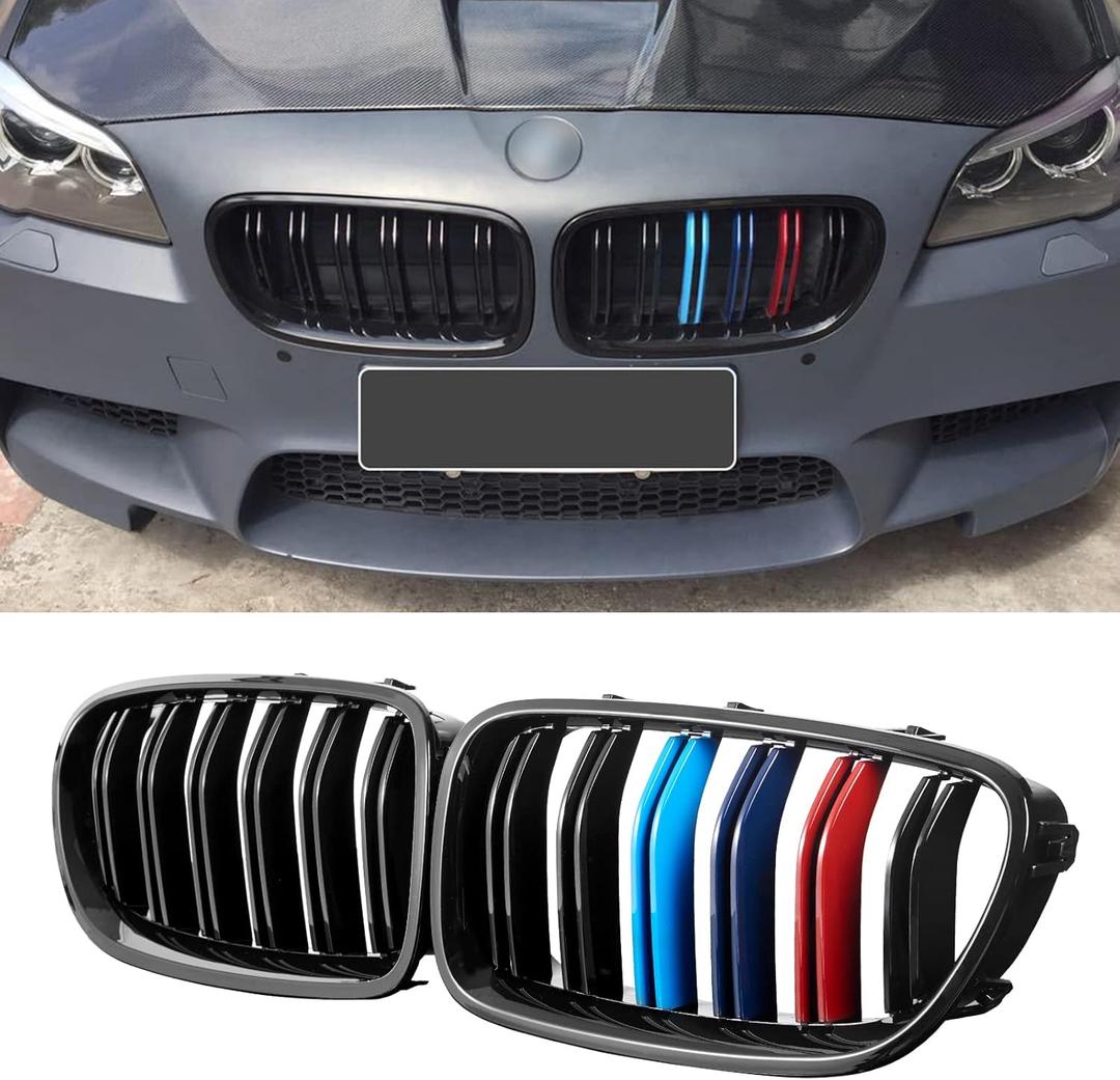 F10 Grille,Front Kidney Grille Grill Compatible With 2010-2017 5 Series F10 F11 M5 (Double Slats Gloss M Color Grills, 2pcs)