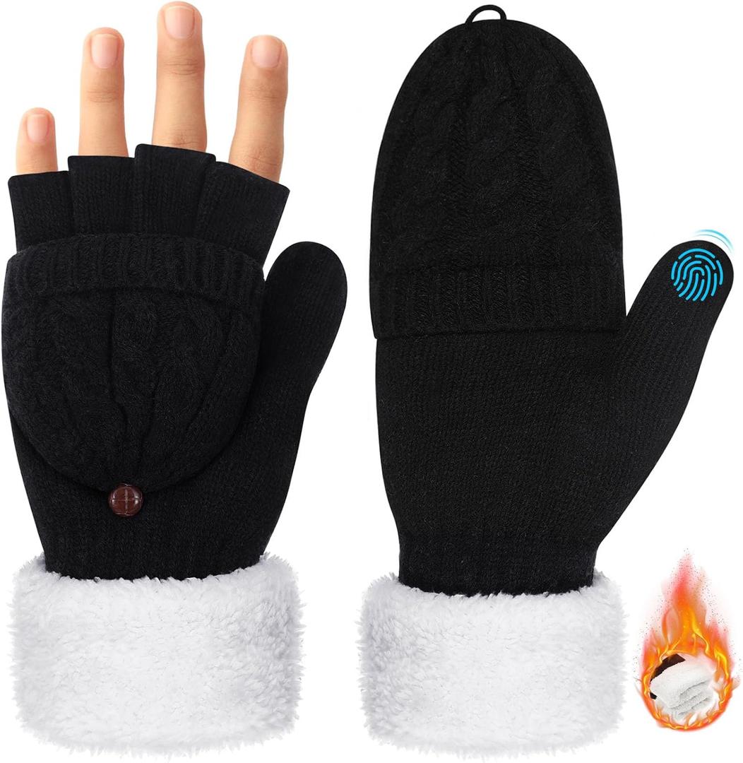 Coume Fingerless Gloves Mitten for Women Knitted Fleece Winter Thick Warm Touch Screen Convertible Flap Half Finger Adult (Black)