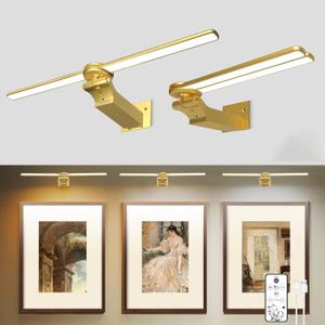 2 Pack Picture Light for Wall, 18in Rechargeable Wall Art Light with Timer and Dimmable, Painting Frame Light with Remote Control Display for Painting, Frame, Portrait, Dartboard (Gold)
