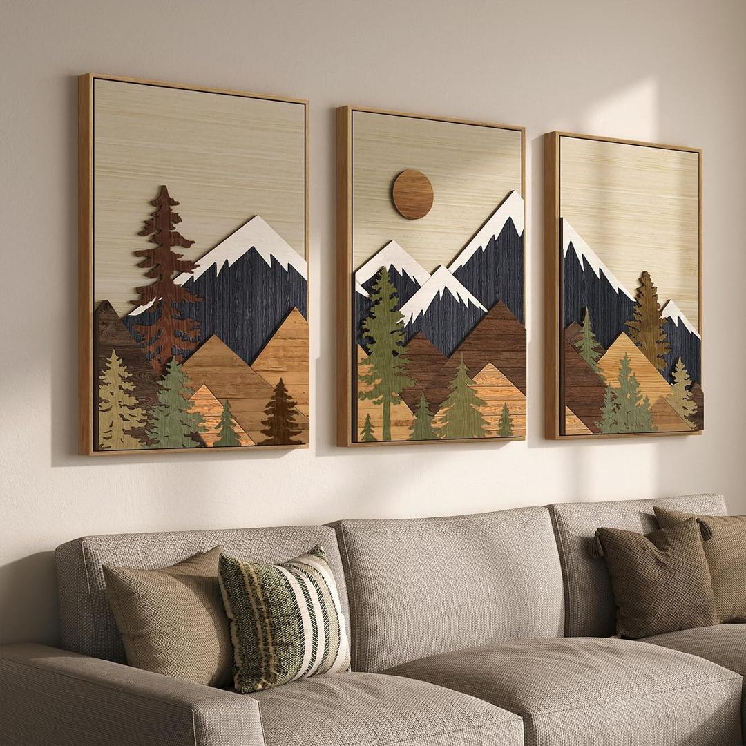 Framed 3D Wood Mountain Farmhouse Wall Art for Living Room Decor, 24x36 In, 24" W x 36" H x 3Pcs