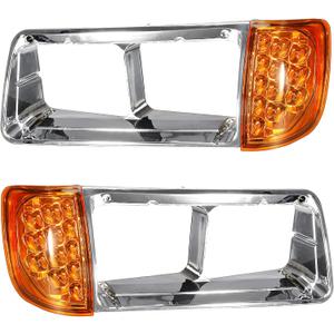Partsam Pair Headlight Bezel with Amber LED Turn Signal Light 3 Wire Compatible With 1989-2002 Freightliner FLD Truck Replacement For A06-20738-000 A06-20738-001