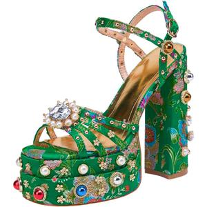 Feinlina Women Rhinestone High Chunky Platform Open Toe Block Heels Gems Detail Fashion Green Pink Floral Print Embroidery Ankle Strap Dress Wedding Party Pump Sandals (10)