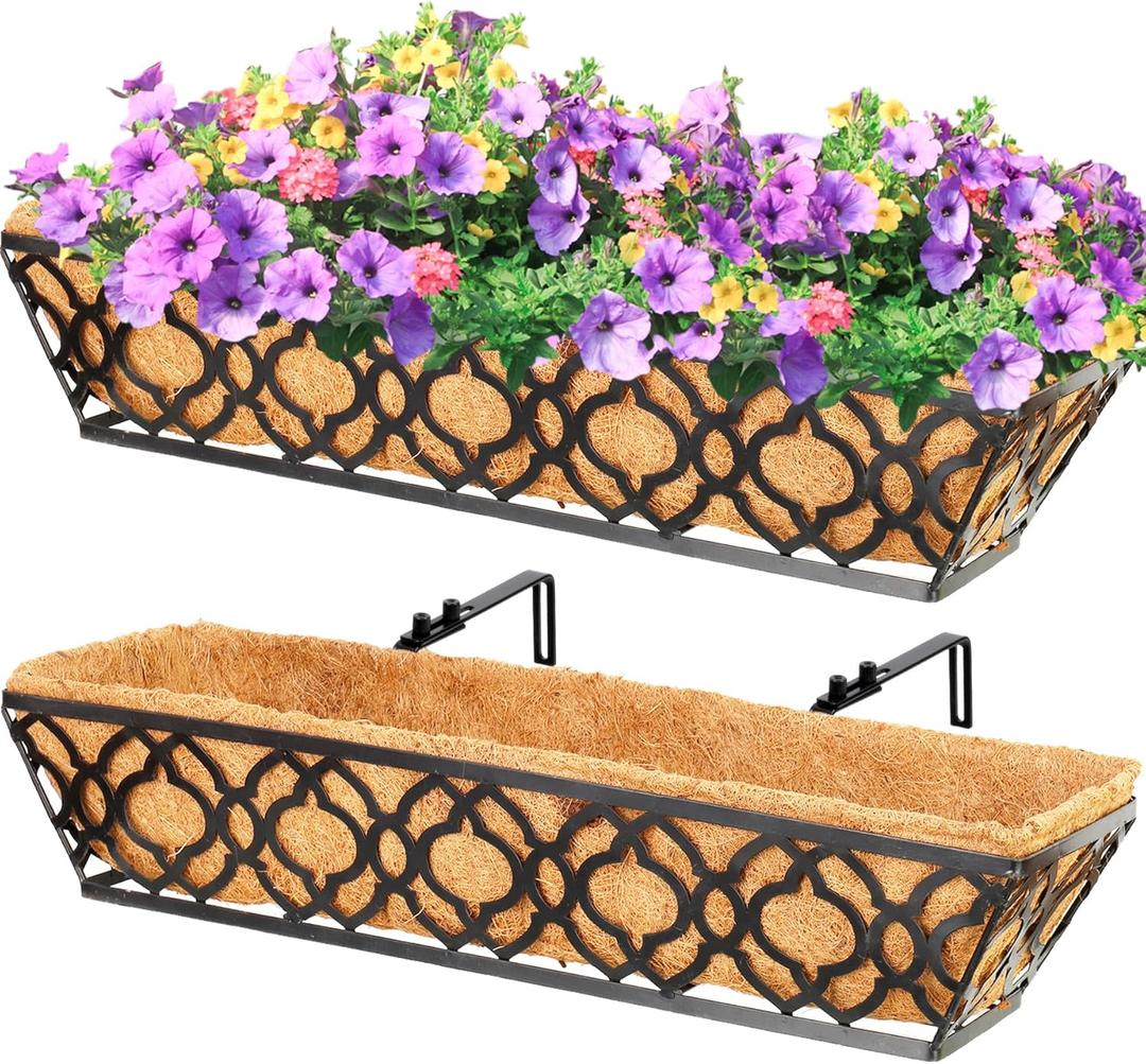 Y&M 24-Inch Window Planter Box 2Pcs Iron Deck Railing With Coco Liner, Metal Horse Troughs for Outdoor Balcony Rail Fence Porch Patio