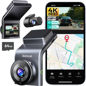 BOTSLAB 4K Dash Cam Front and Rear, STARVIS 2 Sensor, Voice Control, 64GB Card Included, 5GHz WiFi Dashcam Front and Rear Camera, Built in GPS, WDR Night Vision, 170Wide Angle, 24H Parking Mode