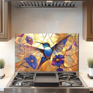 DAIFURONGE Tempered Glass Backsplash For Kitchen Behind Stove,Hummingbird Stove Back Top Cover,Easy to Clean Glass Splashback, Sink Cover Splash Guard,Home Kitchen Wall Decor (30"x18"(76.2x45.72cm))
