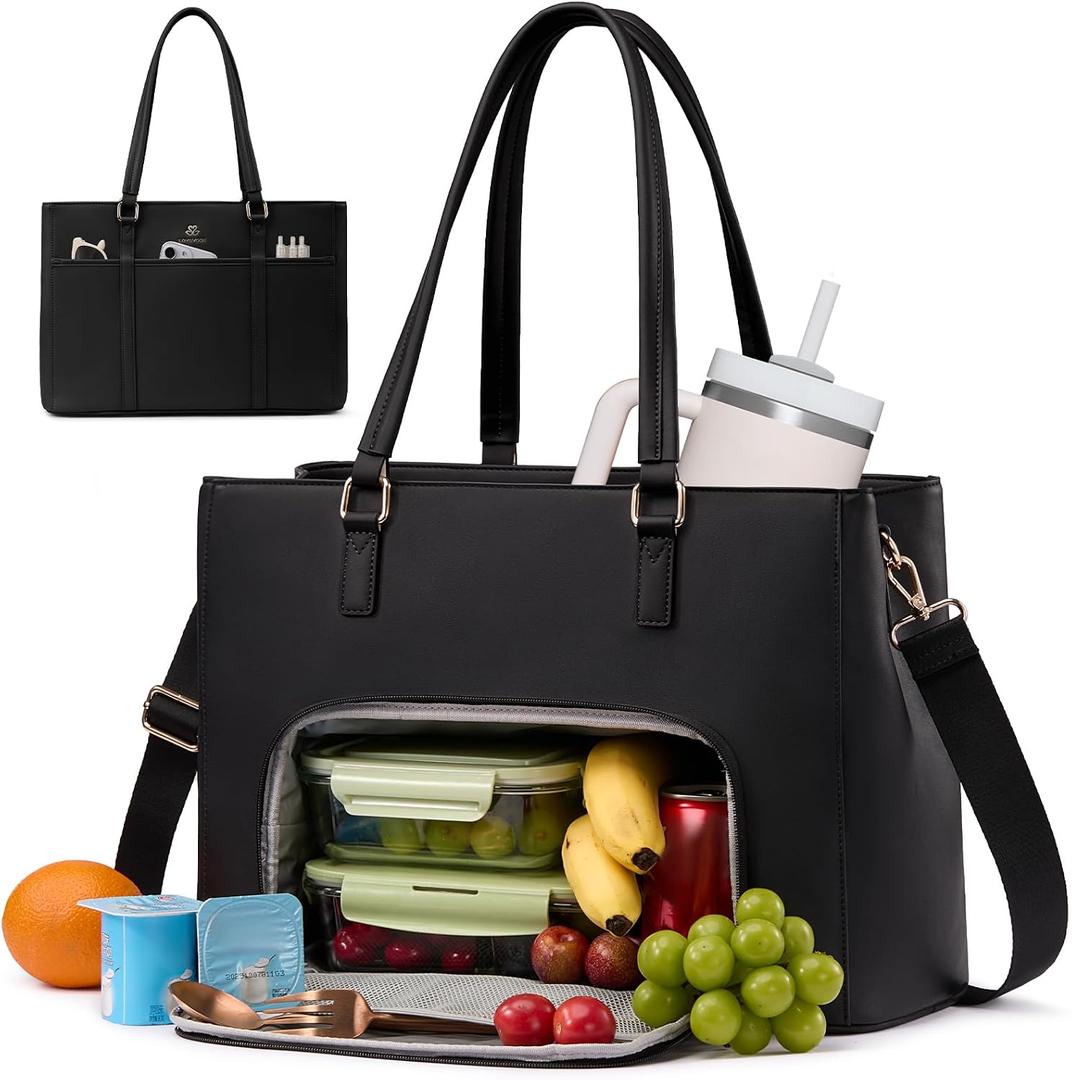 LOVEVOOK Lunch Bag for Women, Leather Work Laptop Tote Bag with Insulated Lunch Compartment, 15.6 Inch 2 in 1 Lunch Tote for Business, Teacher, Nurse, Office, College, Casual