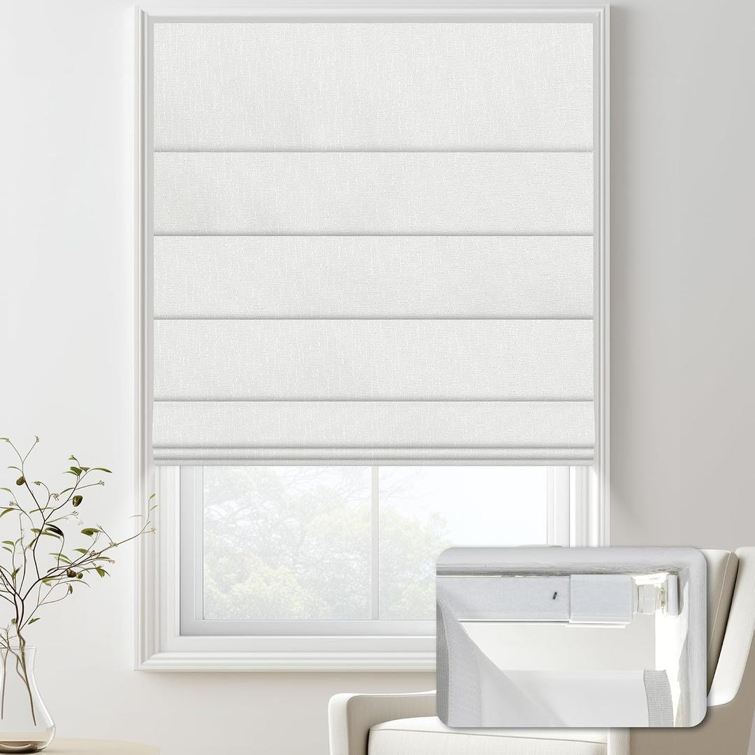 No Drill Blackout Roman Shades for Indoor Windows,Cordless Roman Blinds,Linen No Tools Window Shades,Easy to Install Window Blinds for Home Bedroom,Blackout-White 30" W x 48" H